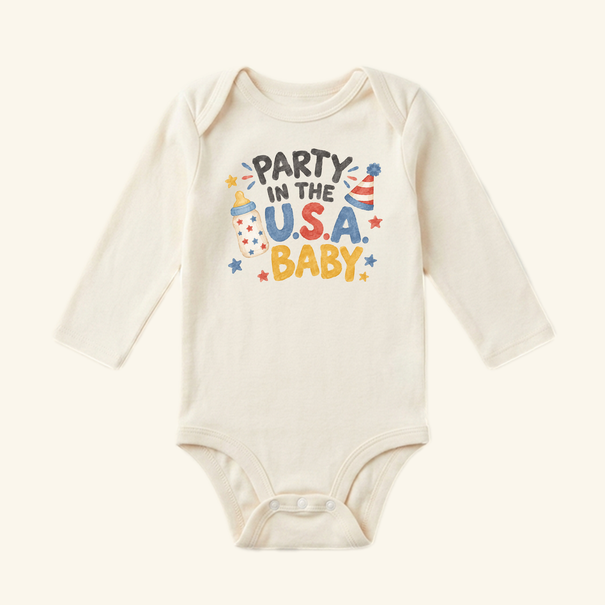 Off-white long-sleeve Party in the USA Baby Onesie – Patriotic Baby Bottle Bodysuit featuring a graphic of a baby bottle, a party hat, and the text PARTY IN THE U.S.A. BABY in red, white, and blue.