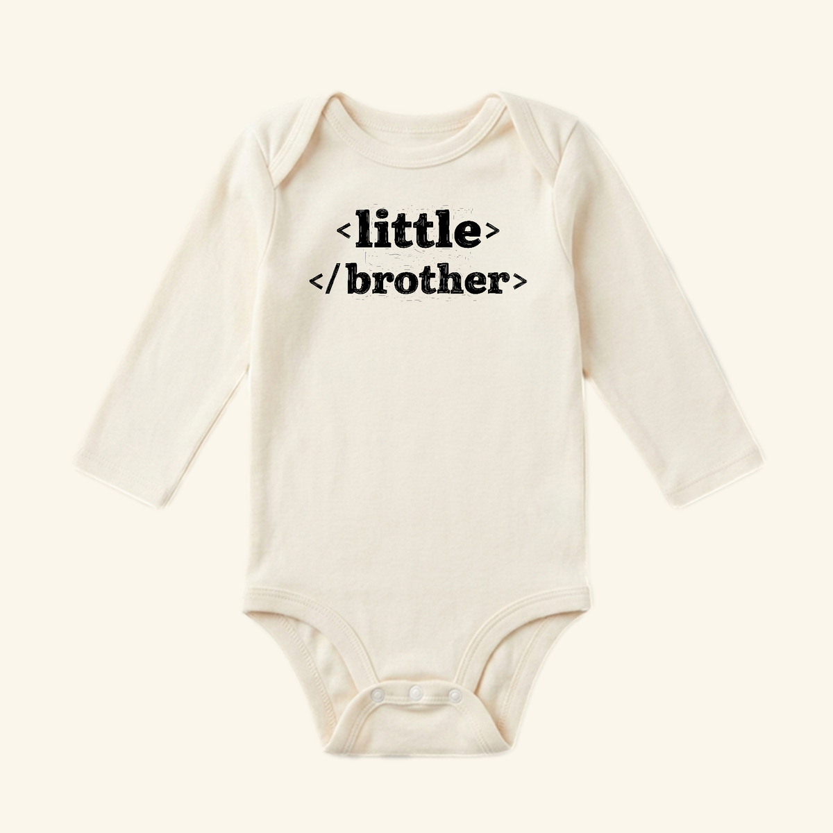 Little Brother Baby Onesie – HTML Code Sibling Bodysuit: a long-sleeved baby bodysuit with little brother printed on the chest in a typewriter-style font.