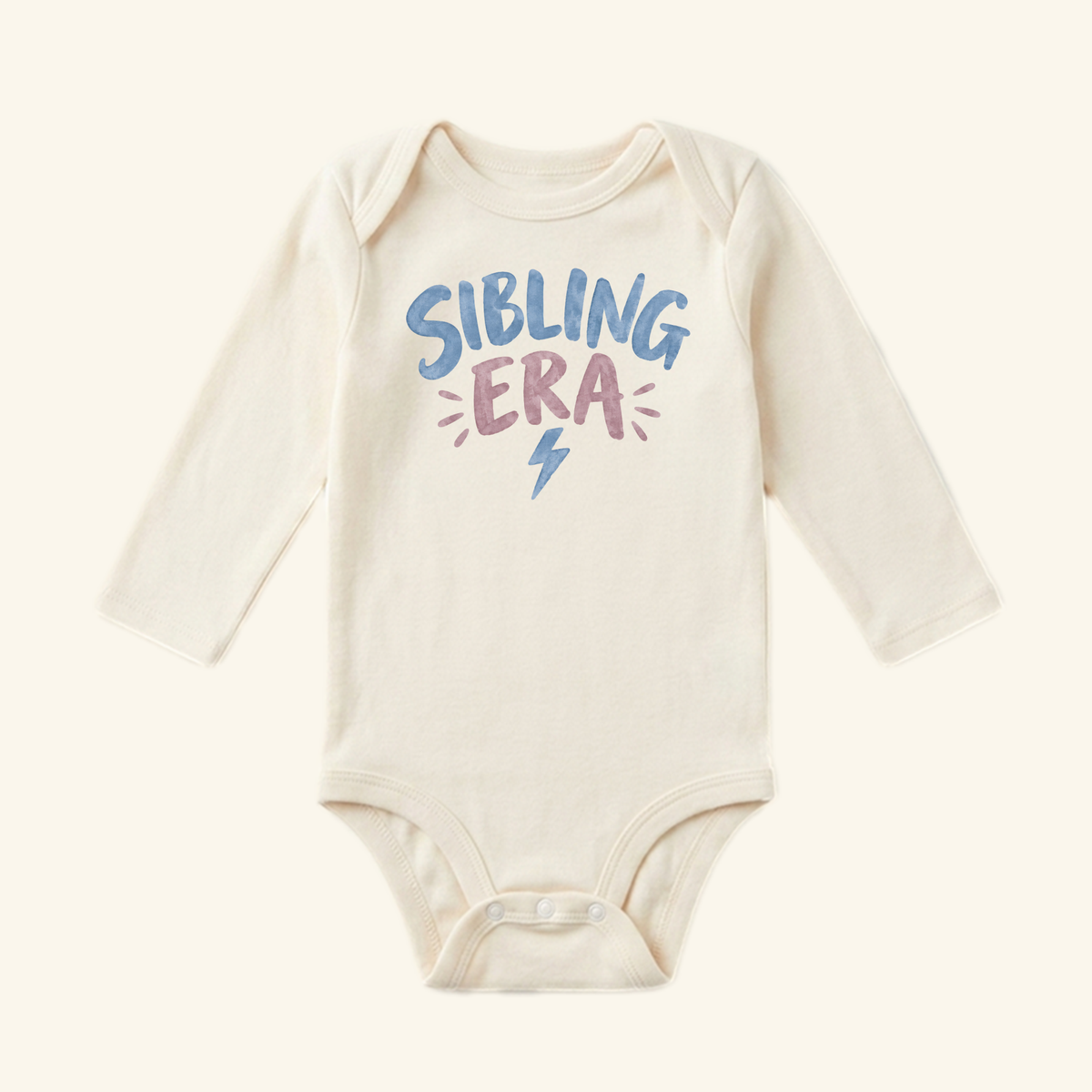 Sibling Era Baby Onesie – Lightning Bolt Sibling Bodysuit with long sleeves, featuring a blue and pink lightning bolt graphic and the text SIBLING ERA.