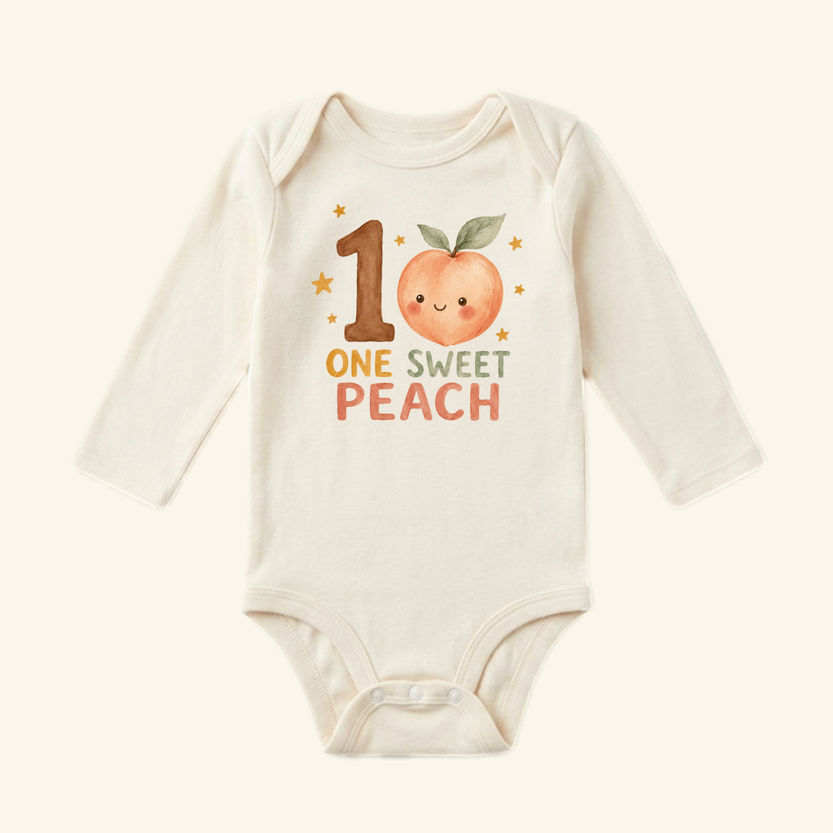 Toodleroos One Sweet Peach 1st Birthday Baby Onesie featuring a long-sleeve bodysuit with a watercolor peach graphic as the number one and the text One Sweet Peach, perfect for a fruit-themed first birthday.