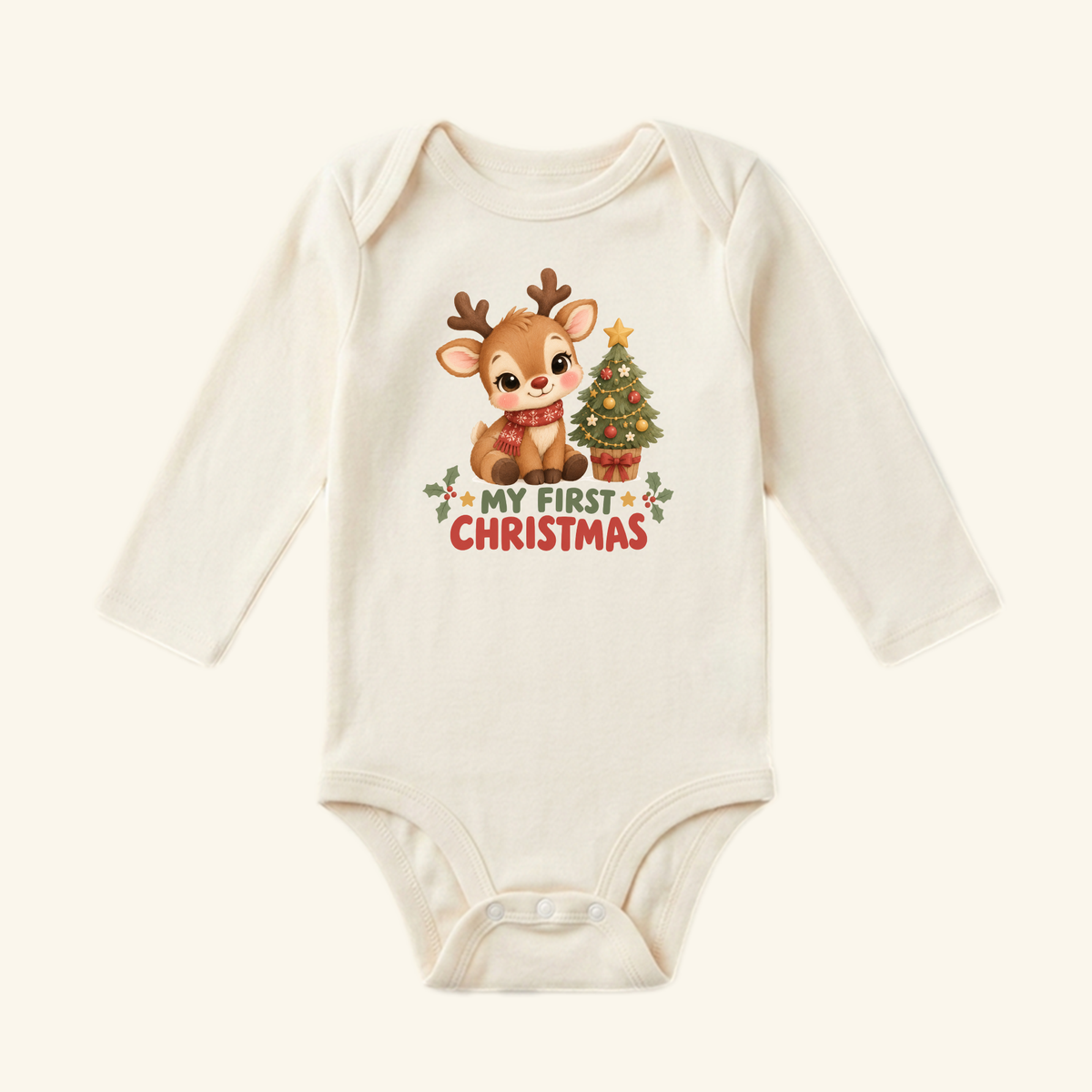 My First Christmas Baby Onesie – Cute Reindeer & Tree Bodysuit featuring a long-sleeve graphic of a reindeer and a Christmas tree.