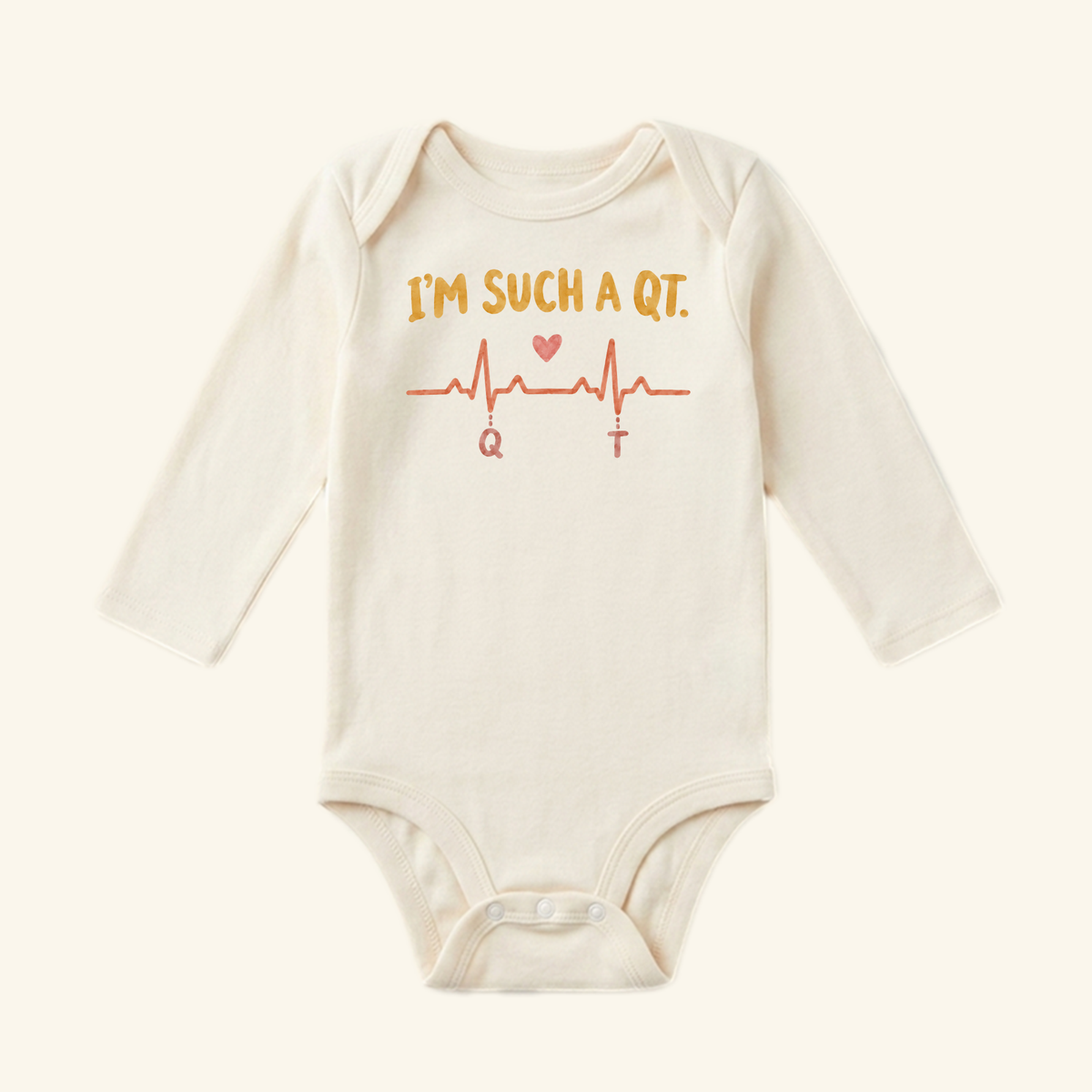 I’m Such a QT Baby Onesie – Funny EKG Heartbeat Nurse Bodysuit featuring an EKG heartbeat line, a small heart, and the text IM SUCH A QT. on a long-sleeve bodysuit.