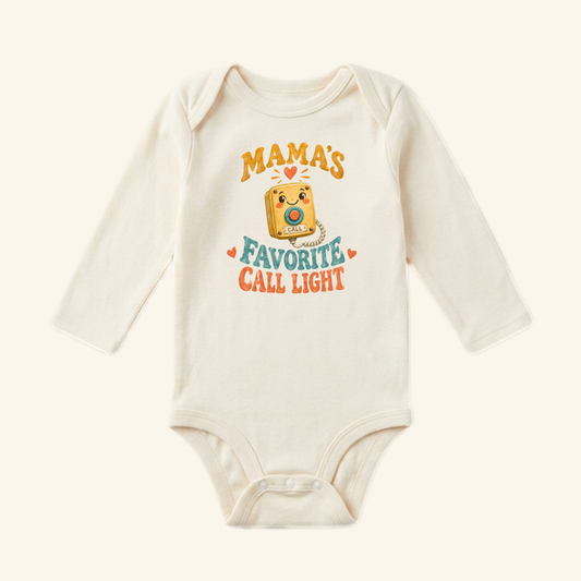 Cream long-sleeved Mama’s Favorite Call Light Baby Onesie featuring an illustration of a nurse call button with the text Mama’s Favorite Call Light.