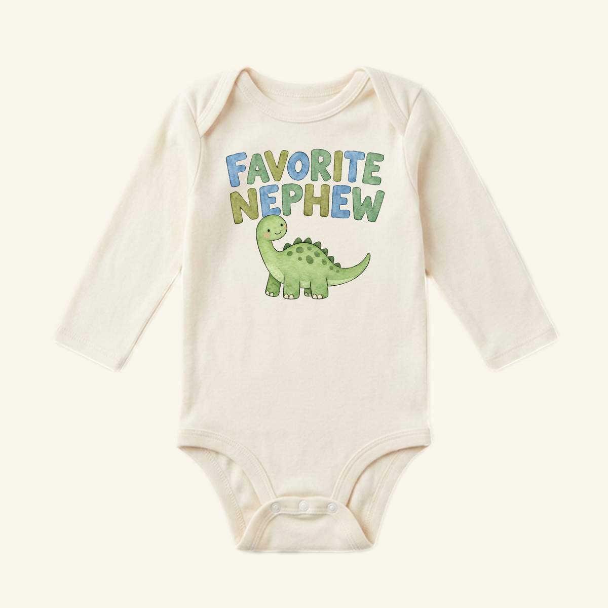 Favorite Nephew Baby Onesie – Cute Dinosaur Aunt & Uncle Gift Bodysuit featuring a long-sleeve baby bodysuit with a green dinosaur.