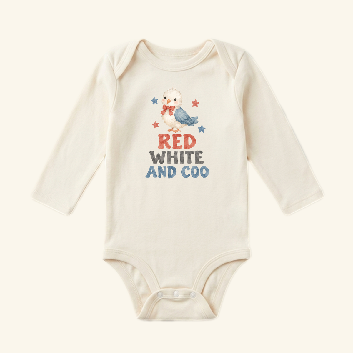 Red White and Coo Baby Onesie – Patriotic Little Bird Bodysuit featuring a watercolor illustration of a bird wearing a bow tie, surrounded by stars and the text RED WHITE AND COO.