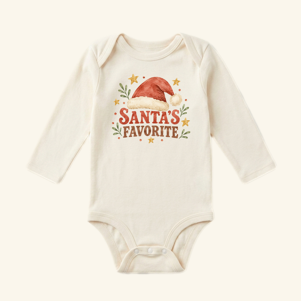 Toodleroos Santa’s Favorite Baby Onesie – Retro Christmas Santa Hat Bodysuit in cream with a long-sleeve, watercolor-style Santa’s Favorite design featuring a Santa hat, stars, and greenery.