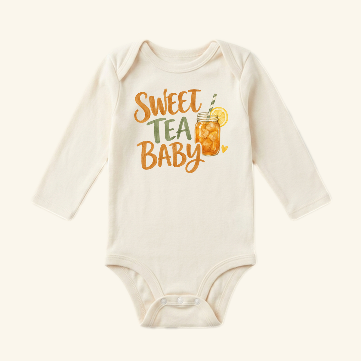 Sweet Tea Baby Onesie – Southern Mason Jar Iced Tea Bodysuit featuring a long-sleeve design and an illustration of a mason jar filled with iced tea.