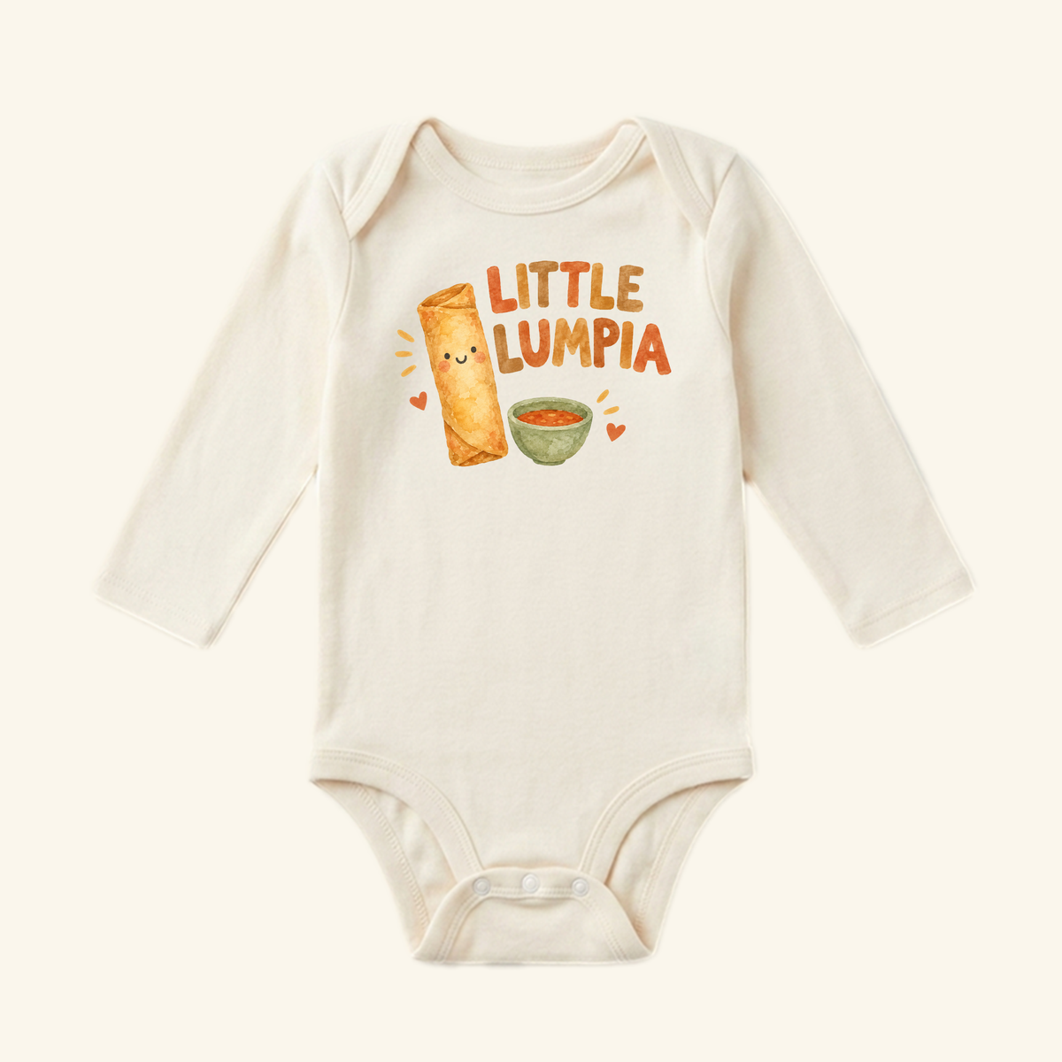 Little Lumpia Baby Onesie – Cute Filipino Food Bodysuit in cream with a long-sleeve design featuring a watercolor illustration of a smiling lumpia roll and dipping sauce, with the text LITTLE LUMPIA printed above.