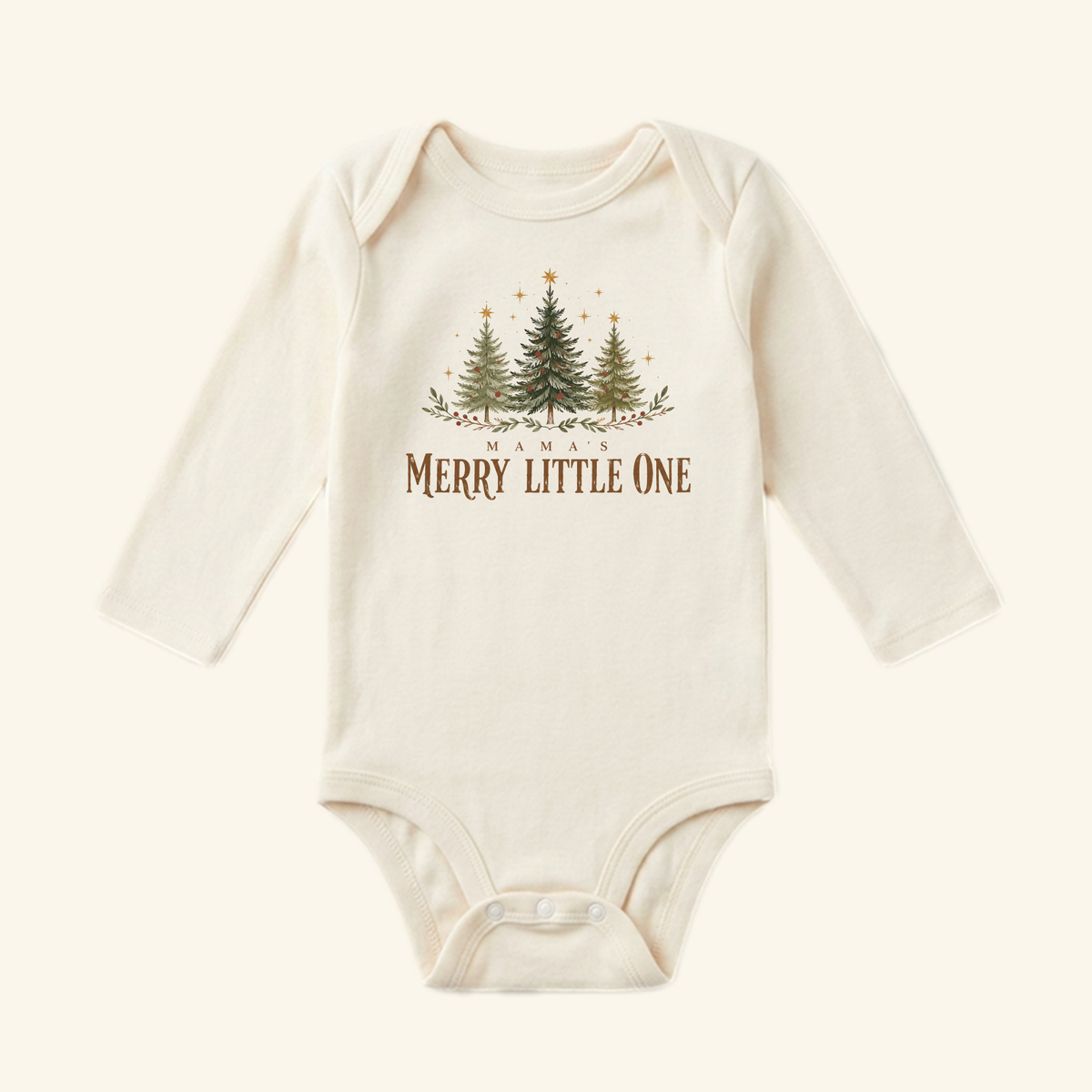 Cream long-sleeve Mama’s Merry Little One Baby Onesie – Christmas Tree Bodysuit with a graphic of three trees and the text MAMAS MERRY LITTLE ONE.