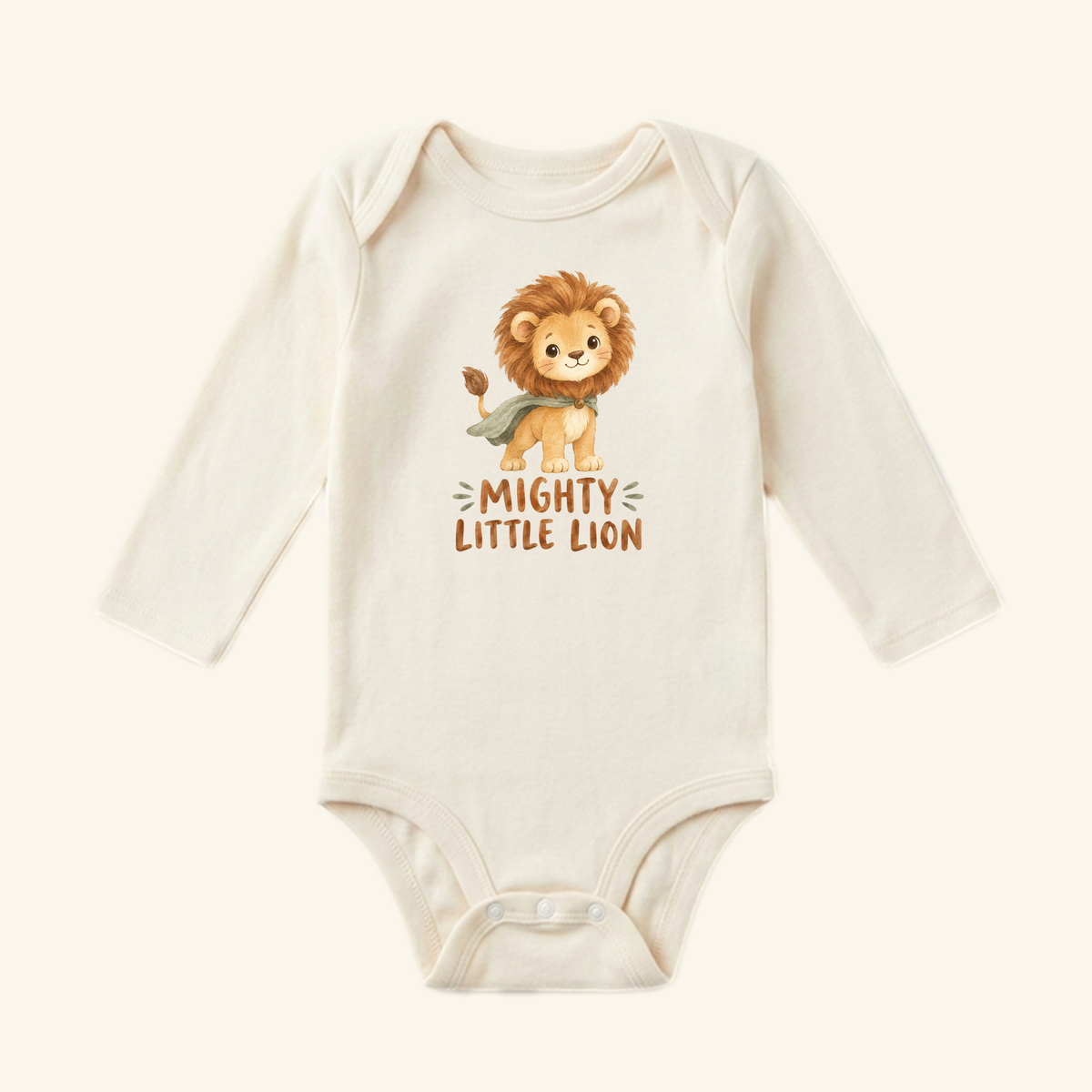 Mighty Little Lion Baby Onesie – Cute Caped Lion Cub Bodysuit featuring a cartoon lion wearing a cape and the text Mighty Little Lion.