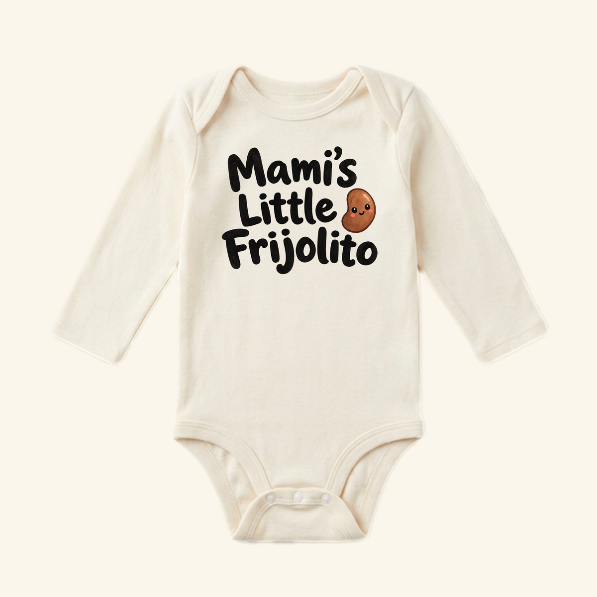 Mami’s Little Frijolito Baby Onesie featuring a cartoon bean illustration and the text Mami’s Little Frijolito on the chest.
