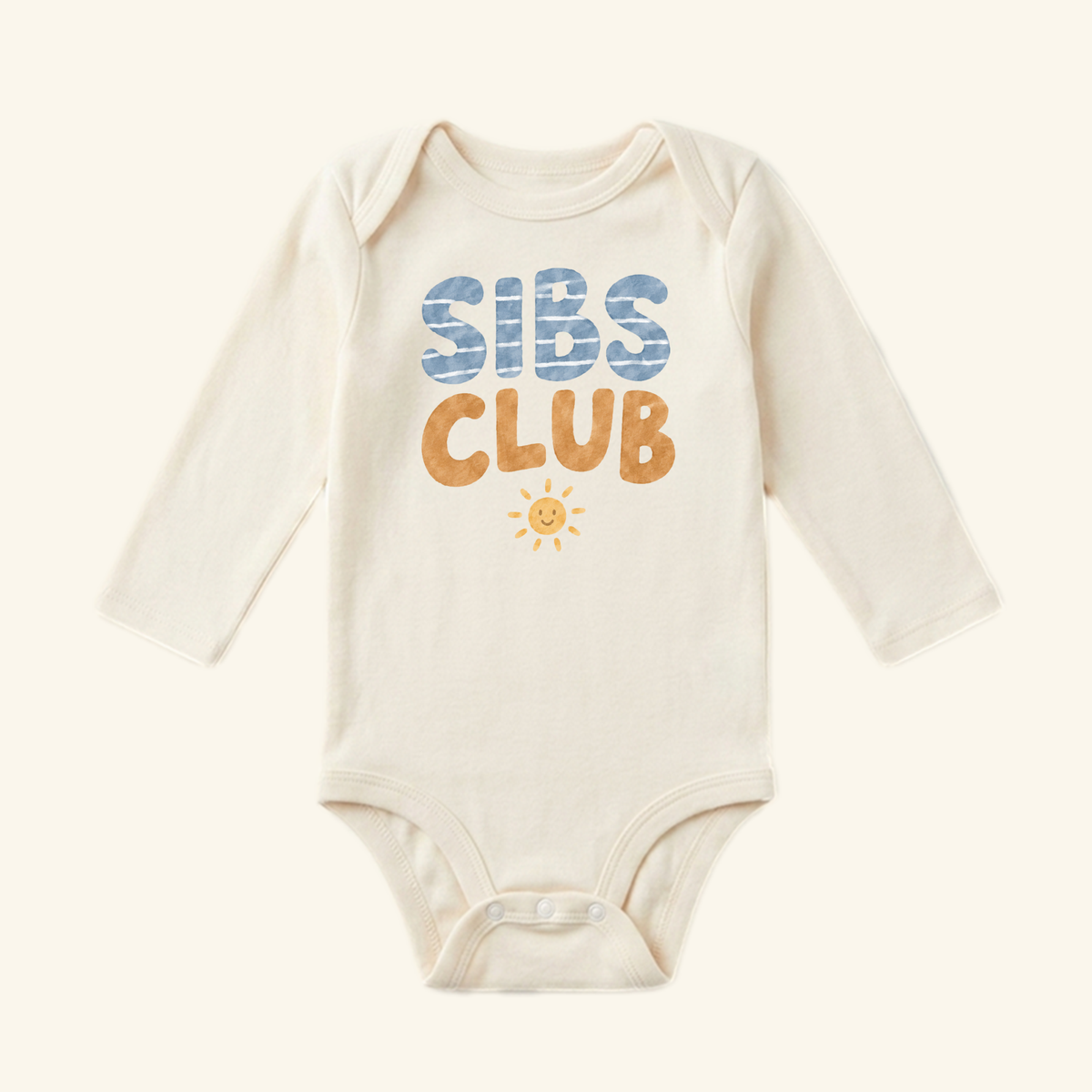 Cream-colored long-sleeve Sibs Club Baby Onesie – Matching Sibling Smiley Sun Bodysuit with blue and orange text and a small smiling sun icon.