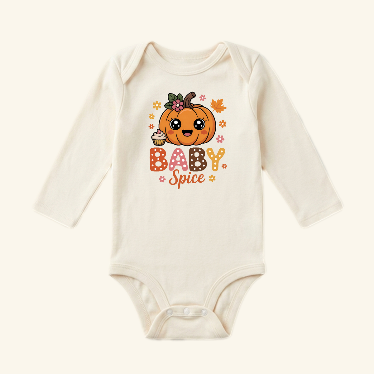 Cream-colored long-sleeve Baby Spice Pumpkin Baby Onesie – Fall Pumpkin Spice Bodysuit featuring a graphic of a smiling cartoon pumpkin, a cupcake, and the text BABY Spice.