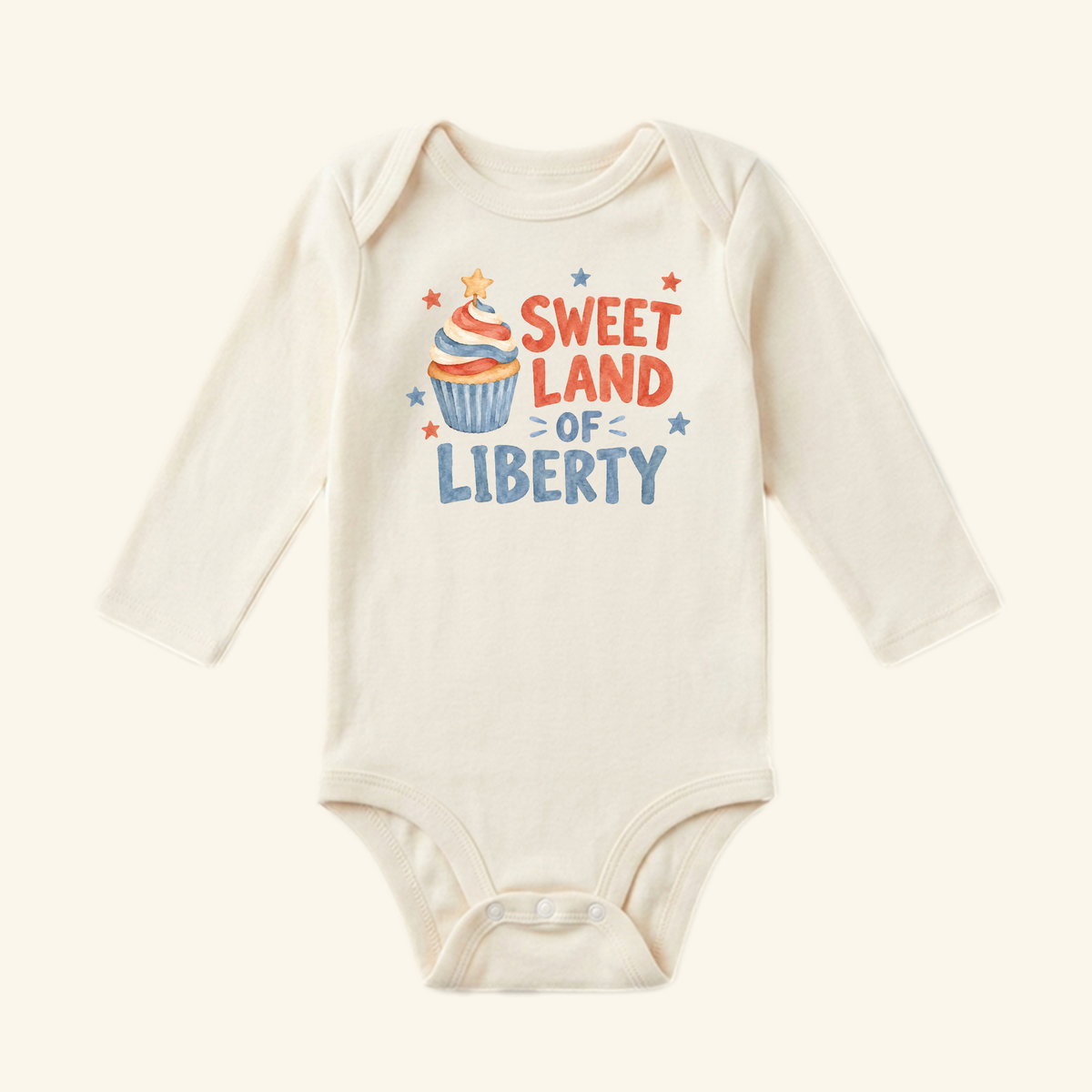 Sweet Land of Liberty Baby Onesie – Patriotic Cupcake Bodysuit featuring a long-sleeve design with a cupcake graphic and the text Sweet Land of Liberty.