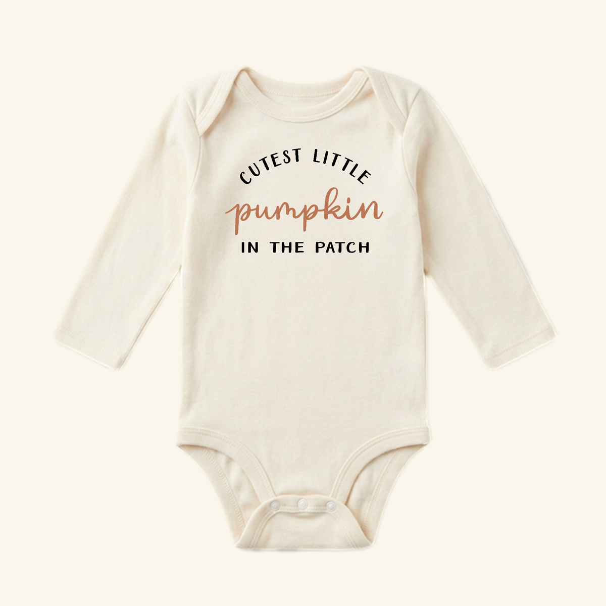 Toodleroos Pumpkin Baby Onesie – Cutest Little Pumpkin in the Patch Bodysuit featuring a long-sleeve design with Cutest little pumpkin in the patch printed on the chest.