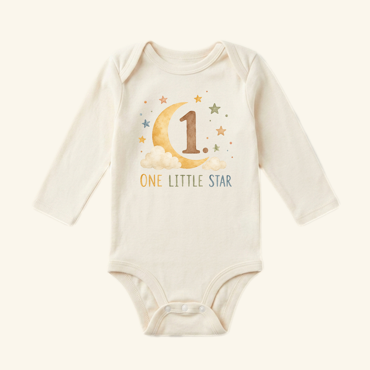 One Little Star 1st Birthday Baby Onesie – Moon & Stars Bodysuit featuring a long-sleeved celestial design with a crescent moon, clouds, stars, and the number 1 with the text ONE LITTLE STAR below.