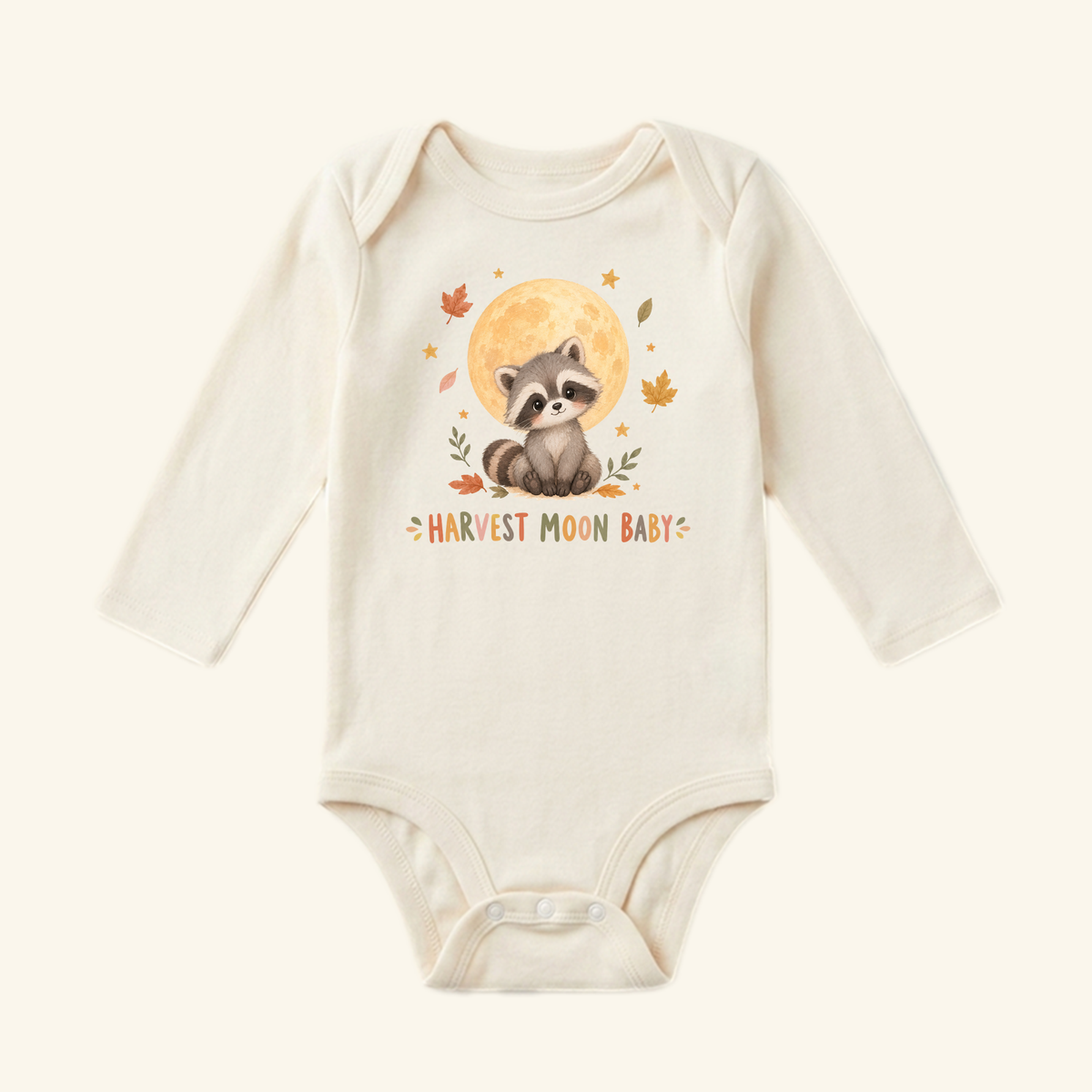 Harvest Moon Baby Onesie – Fall Raccoon Bodysuit featuring a long-sleeve bodysuit with a raccoon sitting in front of a full moon surrounded by autumn leaves.