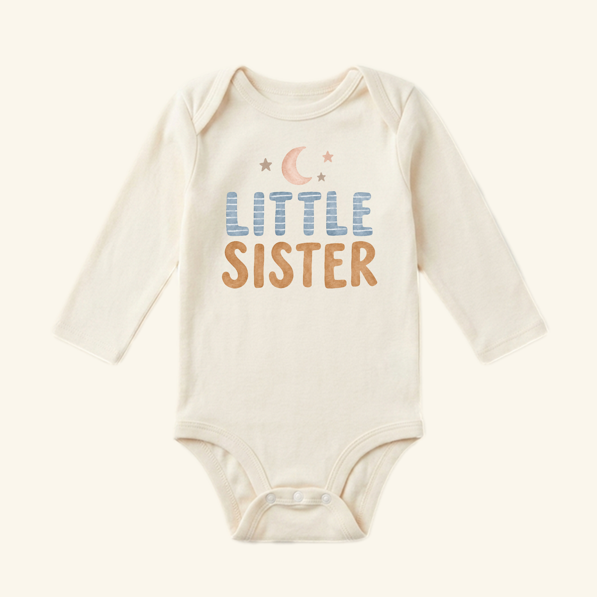 Toodleroos Little Sister Baby Onesie – Moon and Stars Sibling Bodysuit featuring a long-sleeved bodysuit with a moon and star graphic above the text.