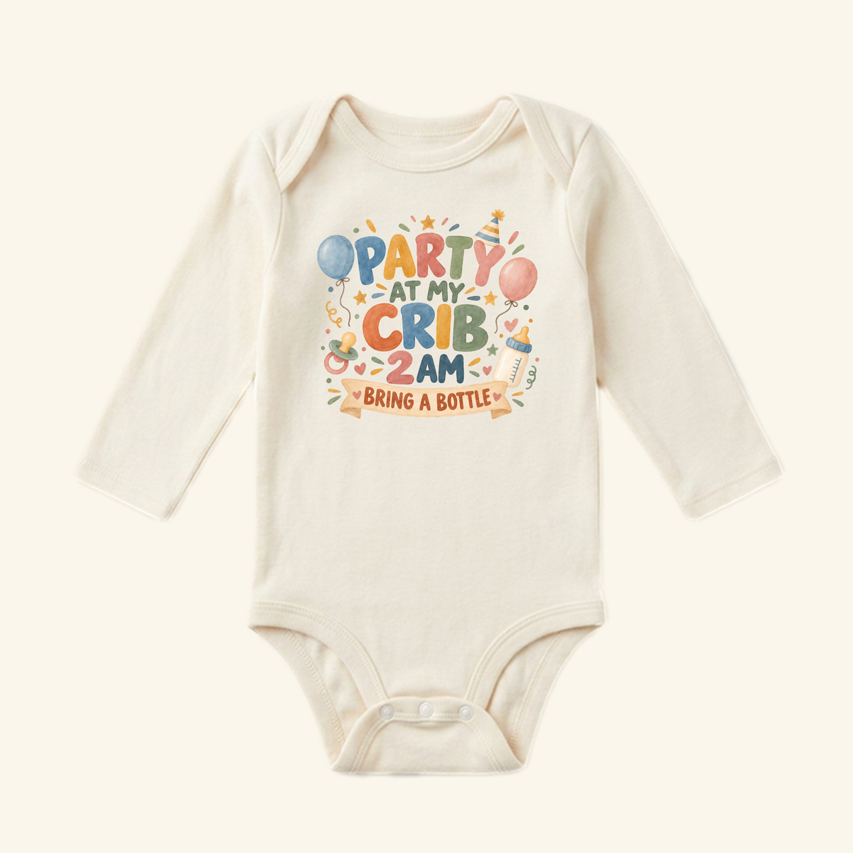 Toodleroos Party at My Crib 2AM Baby Onesie – Funny Bring a Bottle Bodysuit featuring a long-sleeve design with the text Party at my crib 2AM, bring a bottle surrounded by illustrations of balloons, a pacifier, and a baby bottle.