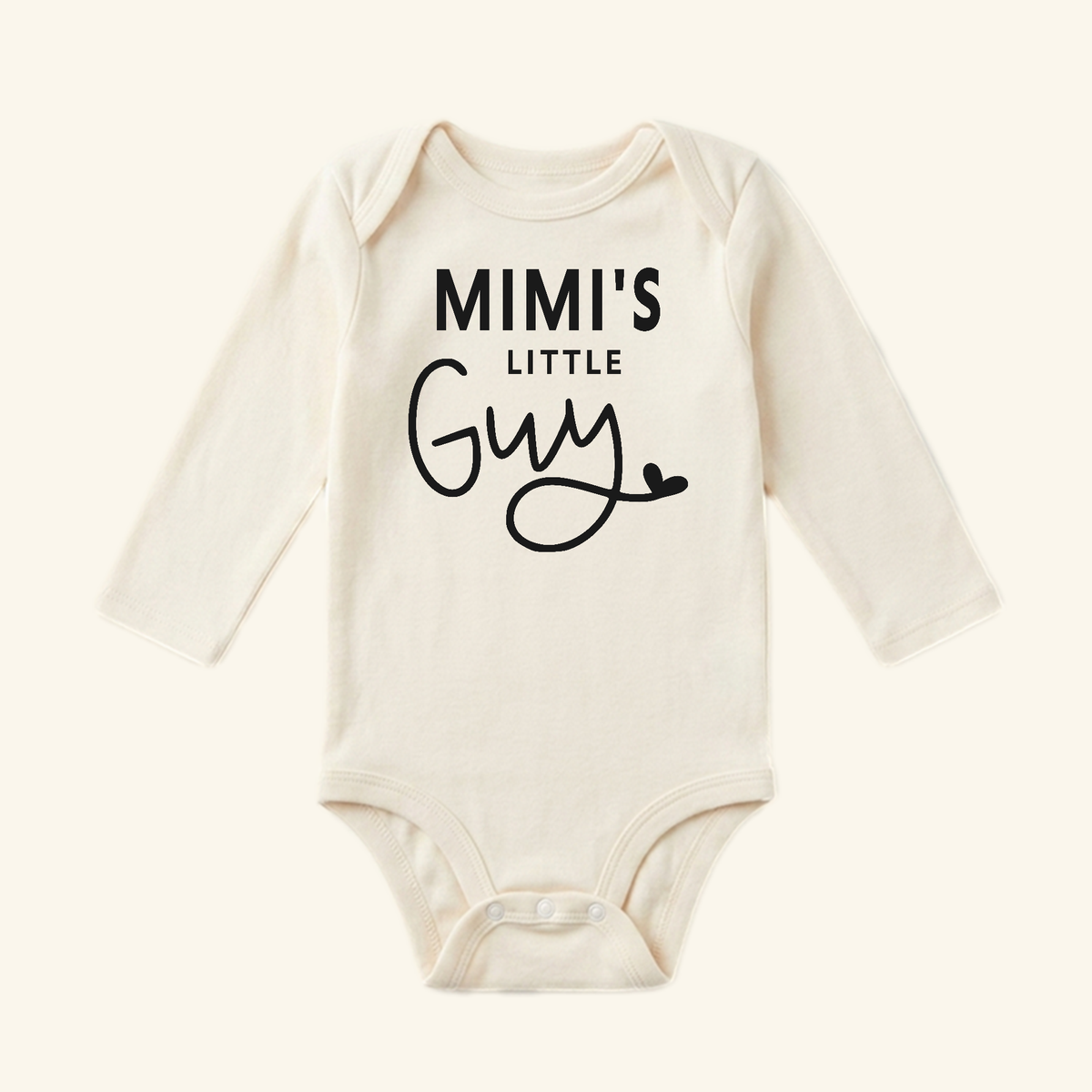 Cream-colored long-sleeve Mimi Baby Onesie – Mimi’s Little Guy Bodysuit with the text in black print on the chest.