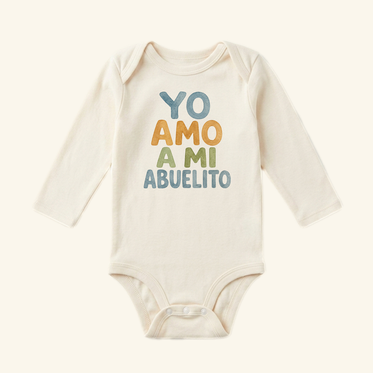 Long-sleeved Yo Amo A Mi Abuelito Baby Onesie – Spanish Grandpa Bodysuit with the text printed in blue, orange, and green on the chest.