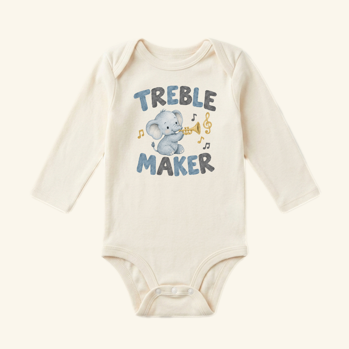 Toodleroos Treble Maker Baby Onesie featuring a funny elephant playing a trumpet, surrounded by musical notes and the text TREBLE MAKER.