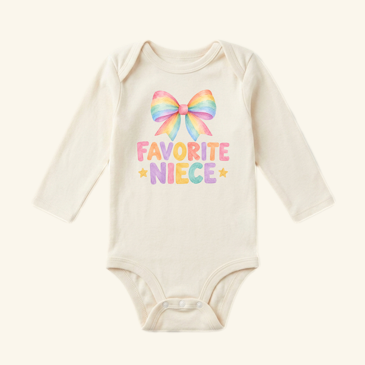 Favorite Niece Baby Onesie – Cute Rainbow Bow Bodysuit, a long-sleeve baby girl bodysuit featuring a rainbow-colored bow graphic and the text FAVORITE NIECE in colorful letters.