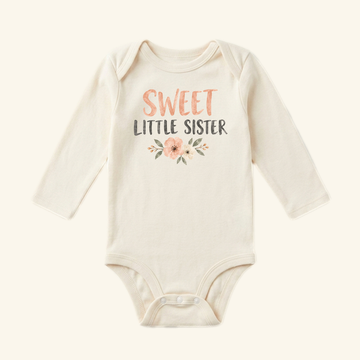 Sweet Little Sister Baby Onesie – Floral Sibling Bodysuit featuring a long-sleeve design with a floral graphic on the chest.