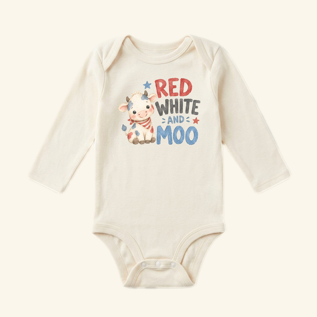 Cream-colored long-sleeve Toodleroos Red White and Moo Baby Onesie – Patriotic Baby Cow Bodysuit featuring a cartoon cow wearing a patriotic scarf, with the text RED WHITE AND MOO in red and blue.