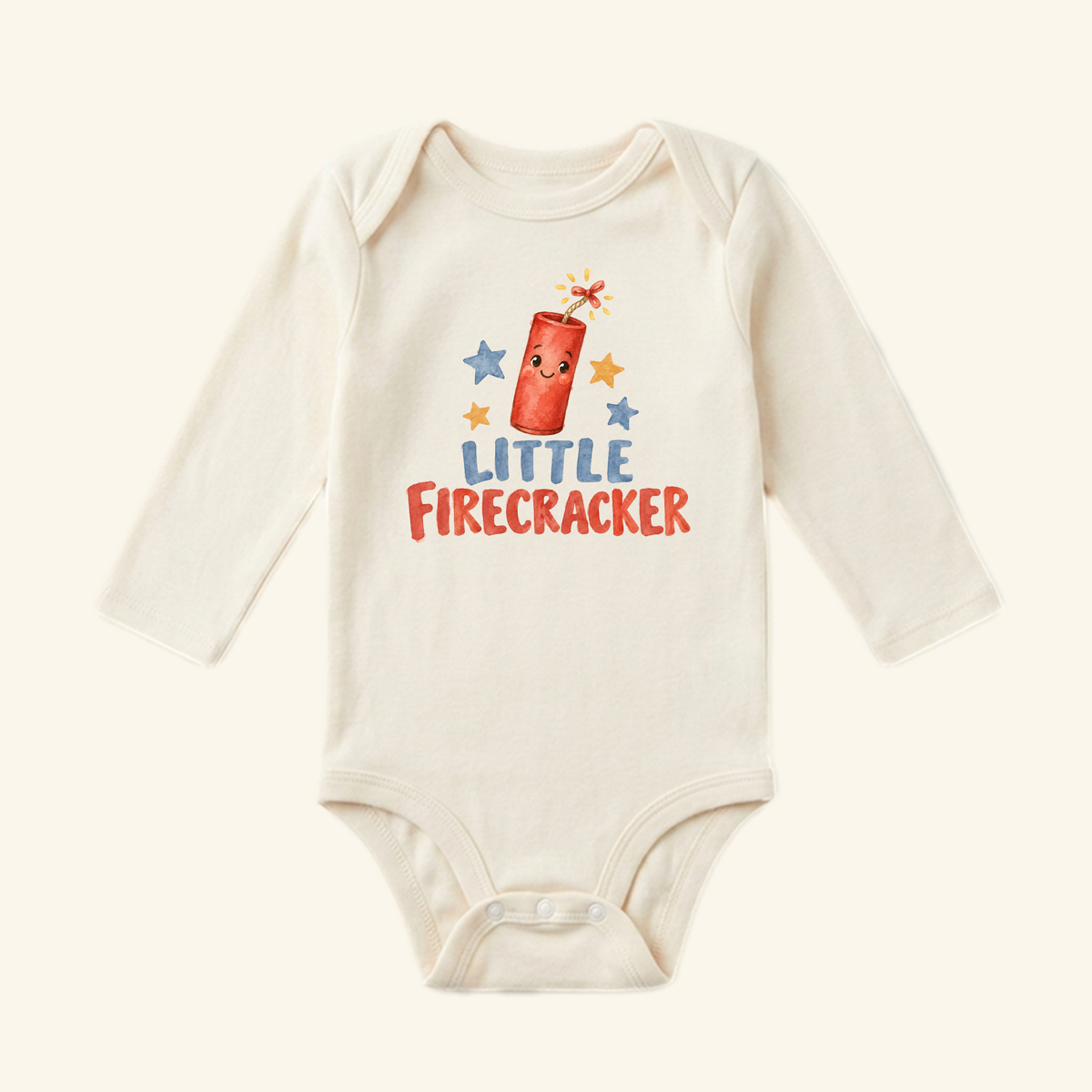 Cream-colored Little Firecracker Baby Onesie featuring a smiling firecracker illustration and the text LITTLE FIRECRACKER surrounded by small stars.