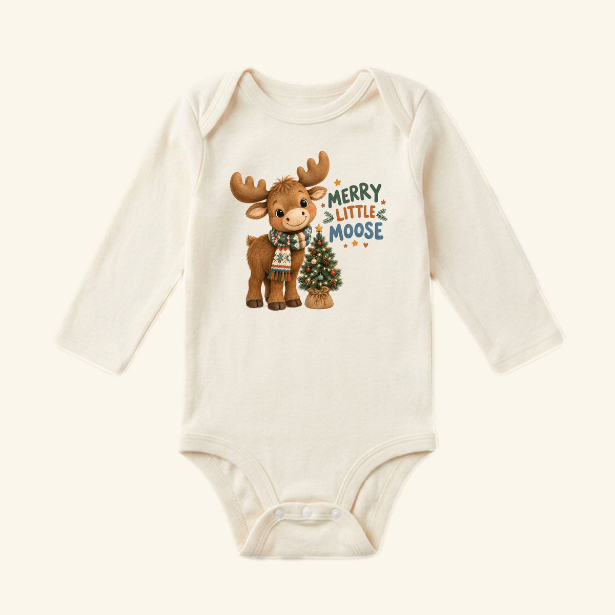 Cream-colored long-sleeve Merry Little Moose Baby Onesie – Cute Christmas Bodysuit featuring an illustration of a moose wearing a scarf next to a small Christmas tree with the text Merry Little Moose.