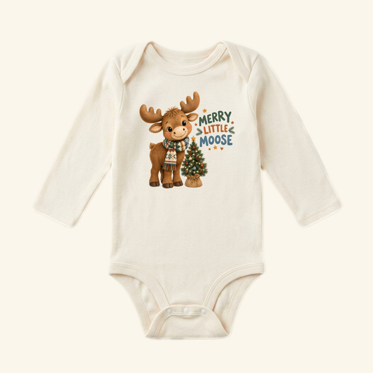 Cream-colored long-sleeve Merry Little Moose Baby Onesie – Cute Christmas Bodysuit featuring an illustration of a moose wearing a scarf next to a small Christmas tree with the text Merry Little Moose.