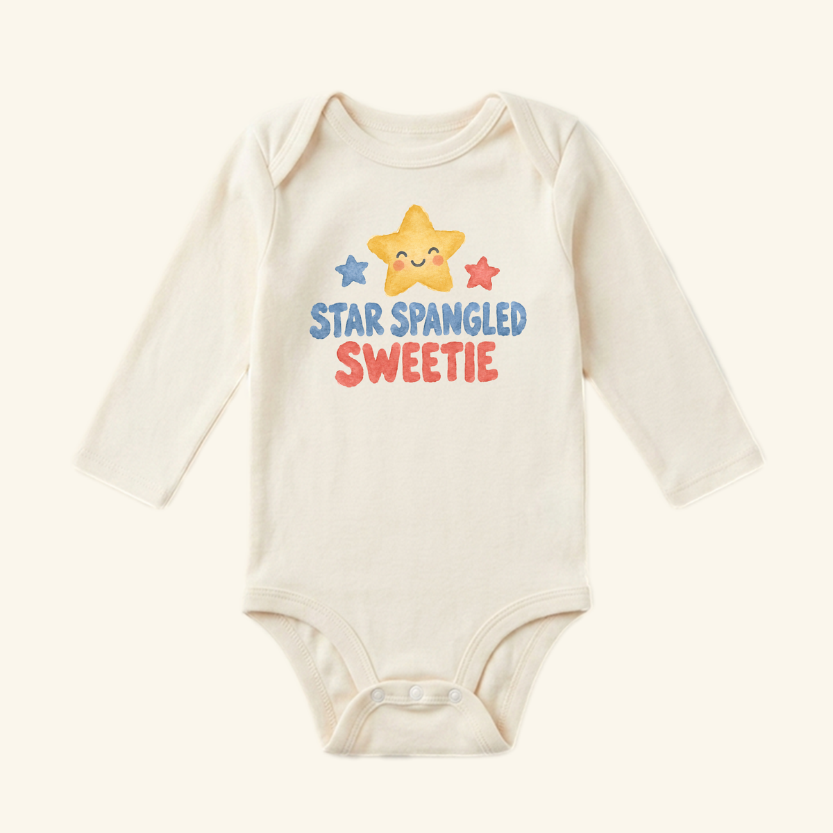 Cream-colored long-sleeve Star Spangled Sweetie Baby Onesie featuring a smiling yellow star between two smaller stars and the text STAR SPANGLED SWEETIE underneath.