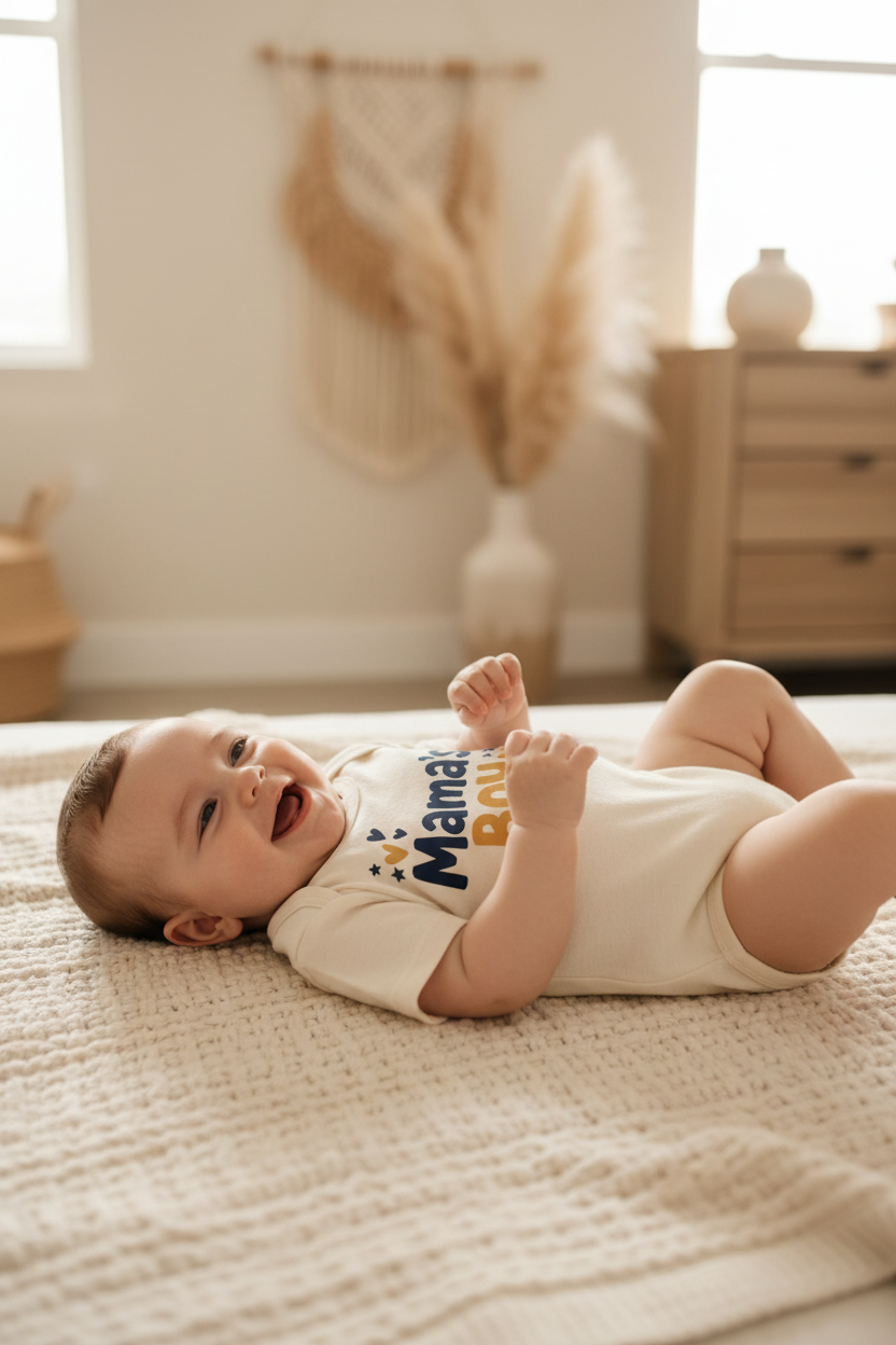 A baby lying on a textured cream blanket in a bright, warm-toned nursery, wearing a cream bodysuit with a colorful graphic that reads 'Mama'.