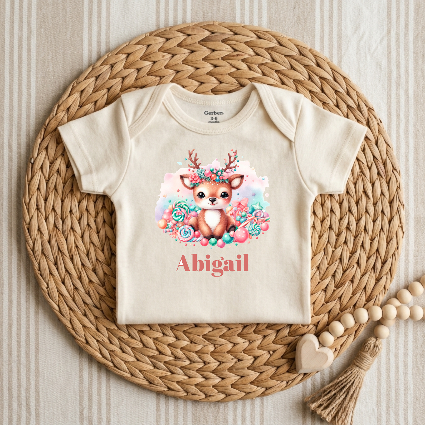 Custom Candy Deer Baby Onesie – Personalized Name Bodysuit