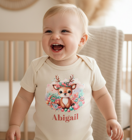 Custom Candy Deer Baby Onesie – Personalized Name Bodysuit