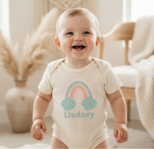Custom Pastel Rainbow Infant Onesie – Personalized Name Bodysuit