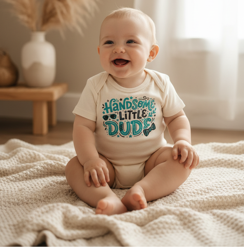 A baby sitting on a textured cream blanket in a warm, softly lit room, wearing a cream short-sleeve bodysuit with a teal graphic that reads 'Handsome Little Dude'.
