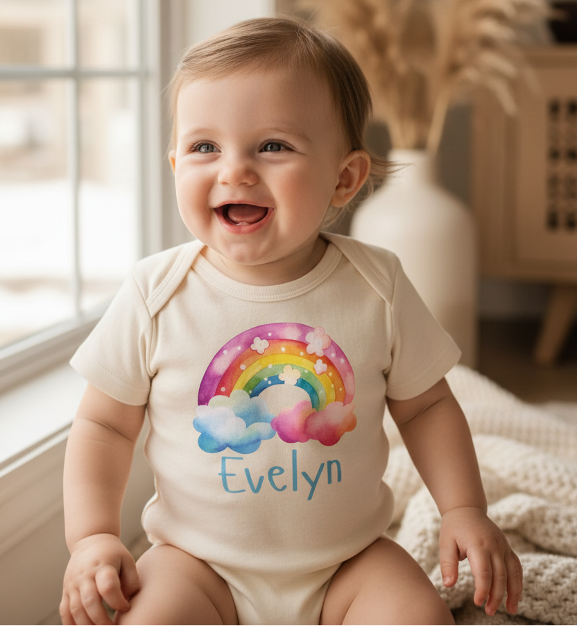 Personalized Rainbow Cloud Baby Girl Onesie – Custom Name Bodysuit