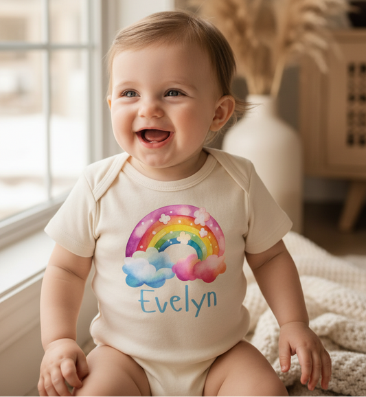 Personalized Rainbow Cloud Baby Girl Onesie – Custom Name Bodysuit