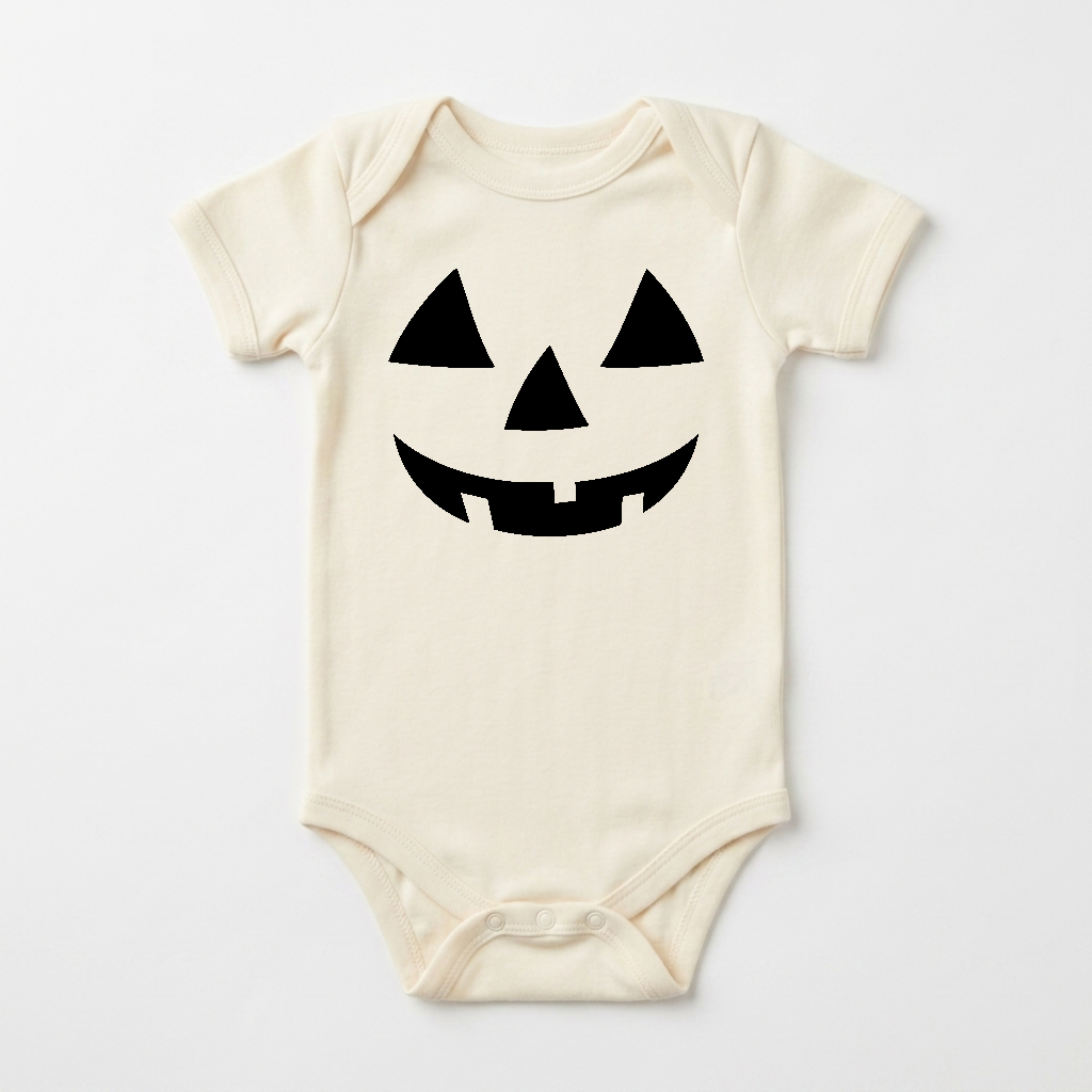 The Jack-O-Lantern Face Baby Onesie – Halloween Bodysuit is a cream-colored baby outfit adorned with a black pumpkin face, featuring triangle eyes, a triangle nose, and a cheerful mouth with two square teeth. This charming Halloween onesie is shown against a plain white background.