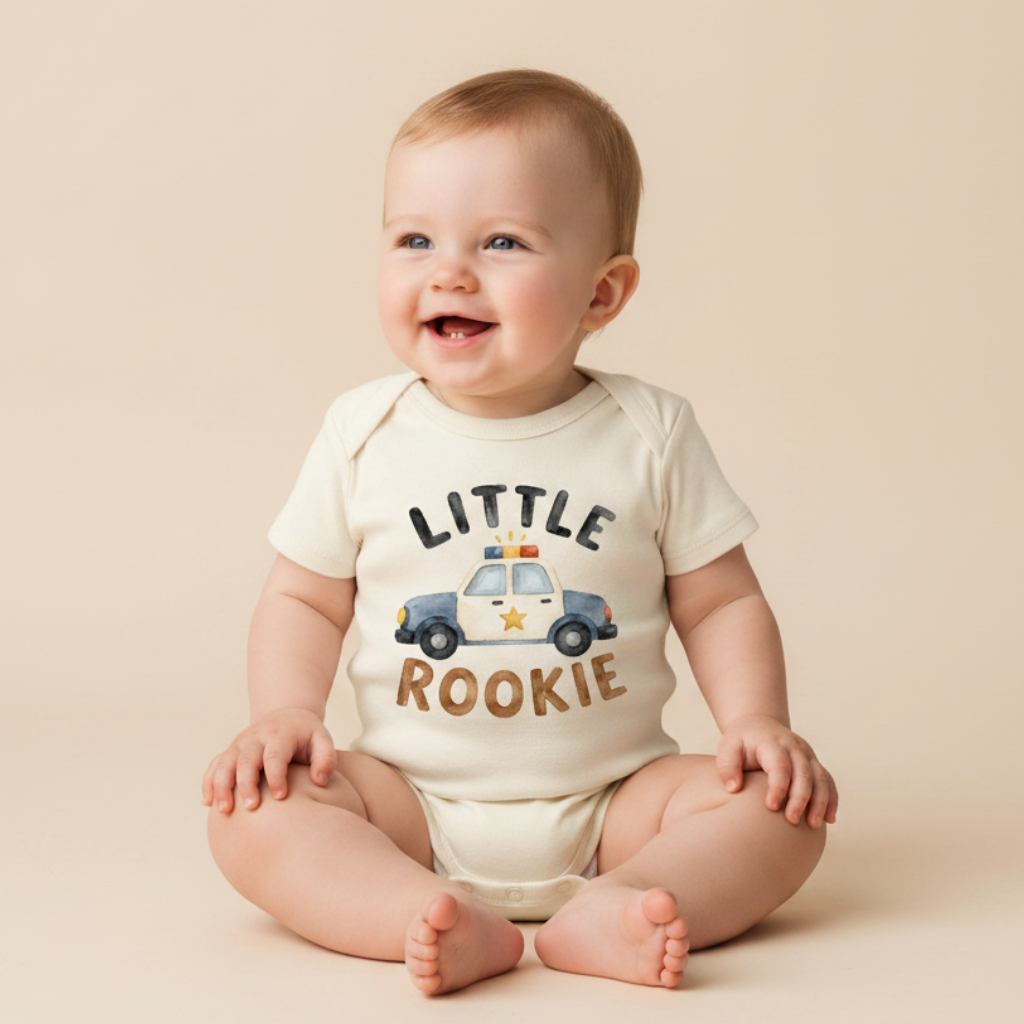 A smiling baby sits on the floor wearing the Toodleroos Police Baby Onesie – Little Rookie Short-Sleeve Law Enforcement Bodysuit, featuring a cream color, a cartoon police car, and “LITTLE ROOKIE” printed on the front—an ideal baby gift for police families.
