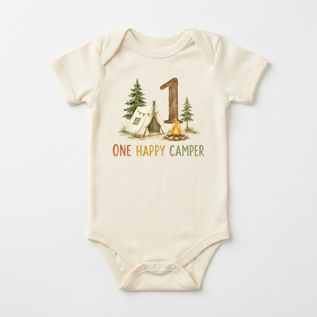 First Birthday Baby Onesie – One Happy Camper Camping Bodysuit