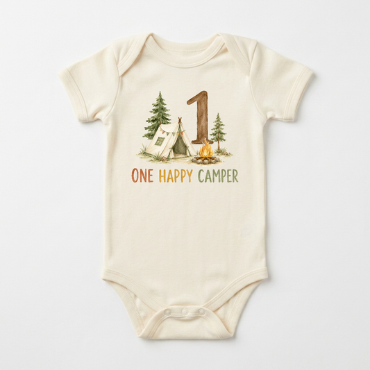 First Birthday Baby Onesie – One Happy Camper Camping Bodysuit