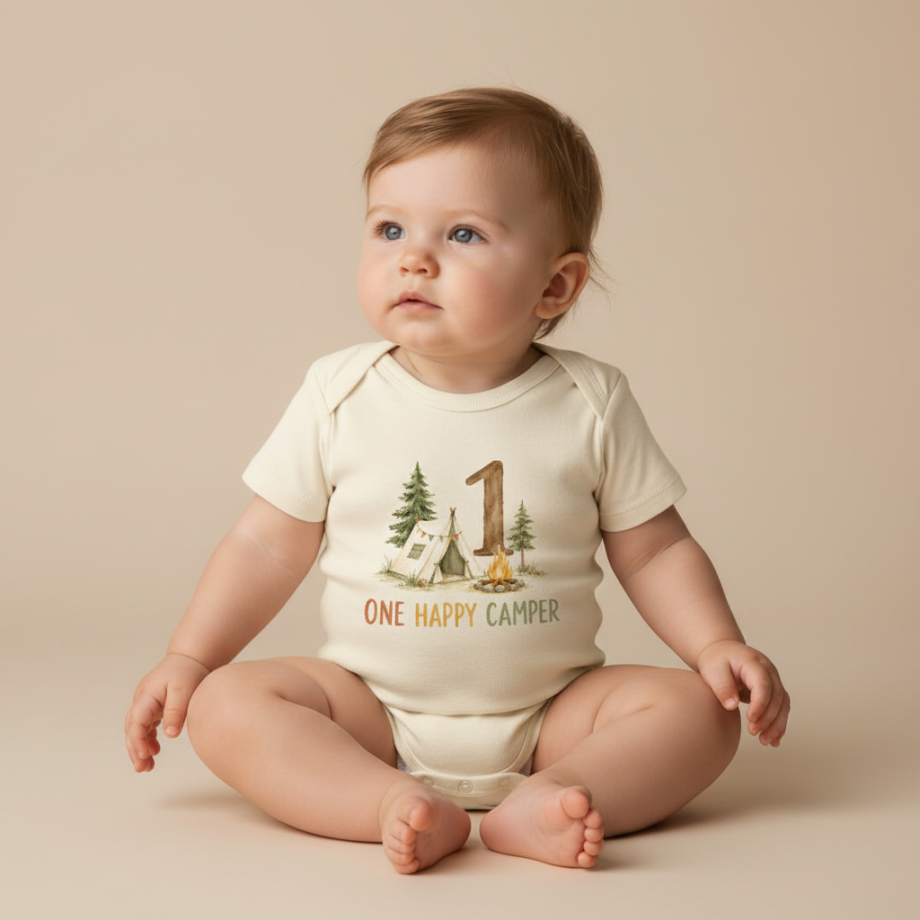 First Birthday Baby Onesie – One Happy Camper Camping Bodysuit