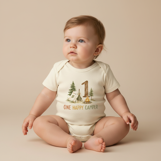 First Birthday Baby Onesie – One Happy Camper Camping Bodysuit