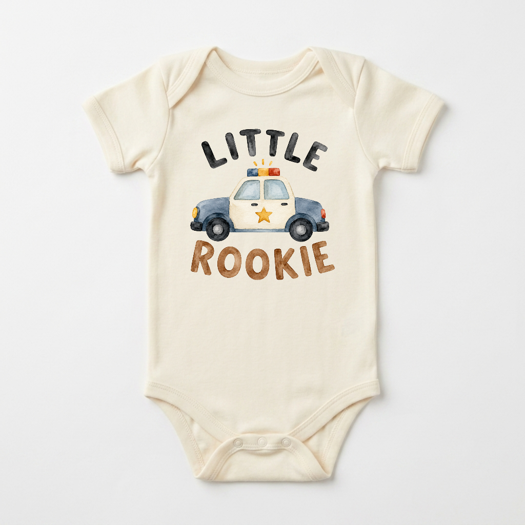 The Toodleroos Police Baby Onesie – Little Rookie Short-Sleeve Law Enforcement Bodysuit is a cream-colored baby outfit showcasing an illustrated police car with “Little Rookie” printed above and below, making it a unique and thoughtful gift for police families or anyone searching for a special law enforcement-themed bodysuit.