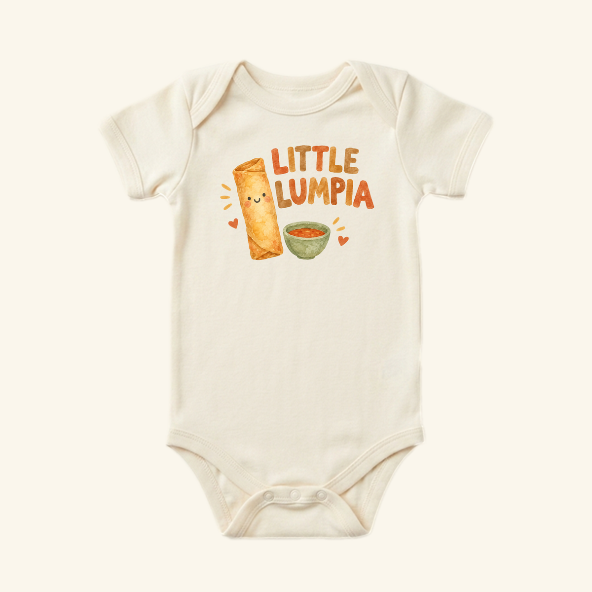 Off-white Little Lumpia Baby Onesie – Cute Filipino Food Bodysuit featuring a watercolor illustration of a smiling lumpia roll and a small bowl of dipping sauce, with the text LITTLE LUMPIA above.