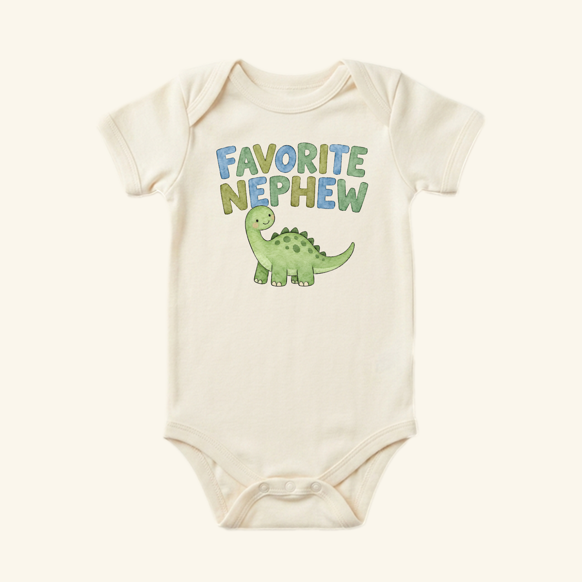Cream-colored Favorite Nephew Baby Onesie – Cute Dinosaur Aunt & Uncle Gift Bodysuit featuring a green dinosaur illustration.