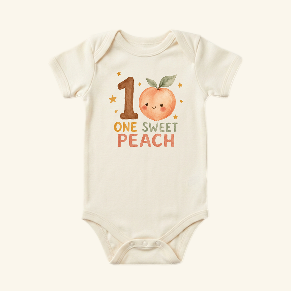 Cream-colored Toodleroos One Sweet Peach 1st Birthday Baby Onesie – Watercolor Peach Bodysuit featuring a watercolor graphic of the number one, a smiling peach, and the text ONE SWEET PEACH.